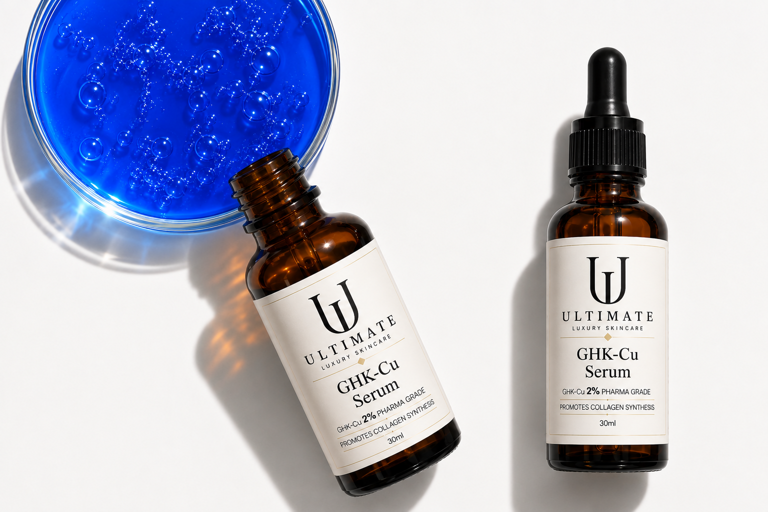 GHK-Cu 1% Daily Renewal Serum and GHK-Cu 2% Advanced Repair Serum — pharma-grade copper peptide serums by ULTIMATE